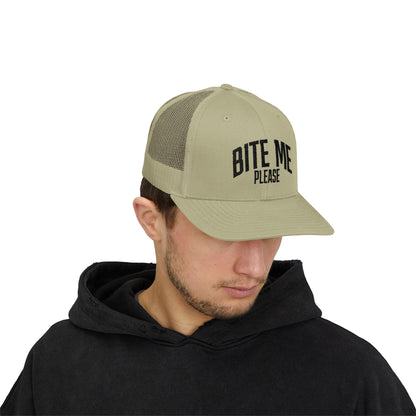 Bite Me Please Snapback Cap | Trucker Mesh Hat | Embroidered Slogan
