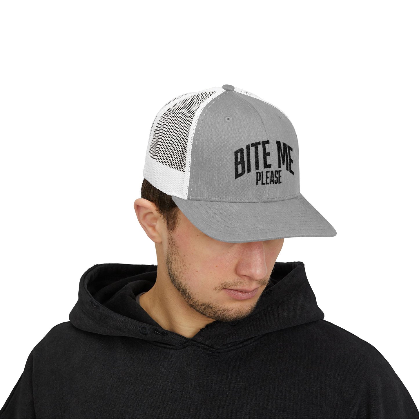 Bite Me Please Snapback Cap | Trucker Mesh Hat | Embroidered Slogan