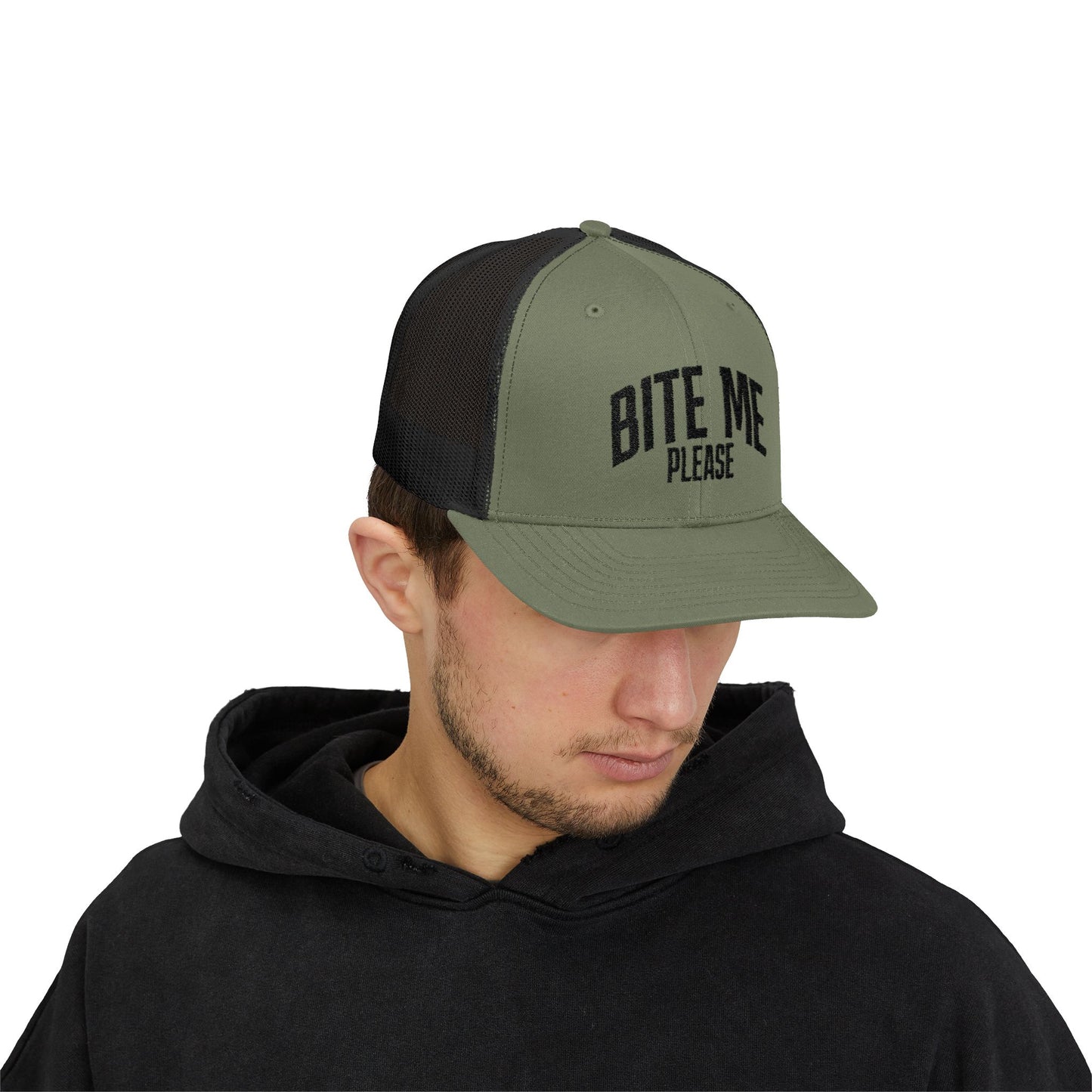 Bite Me Please Snapback Cap | Trucker Mesh Hat | Embroidered Slogan