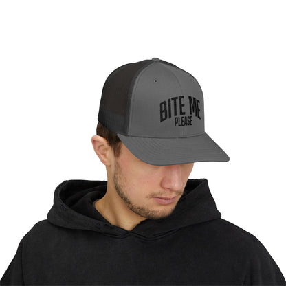 Bite Me Please Snapback Cap | Trucker Mesh Hat | Embroidered Slogan
