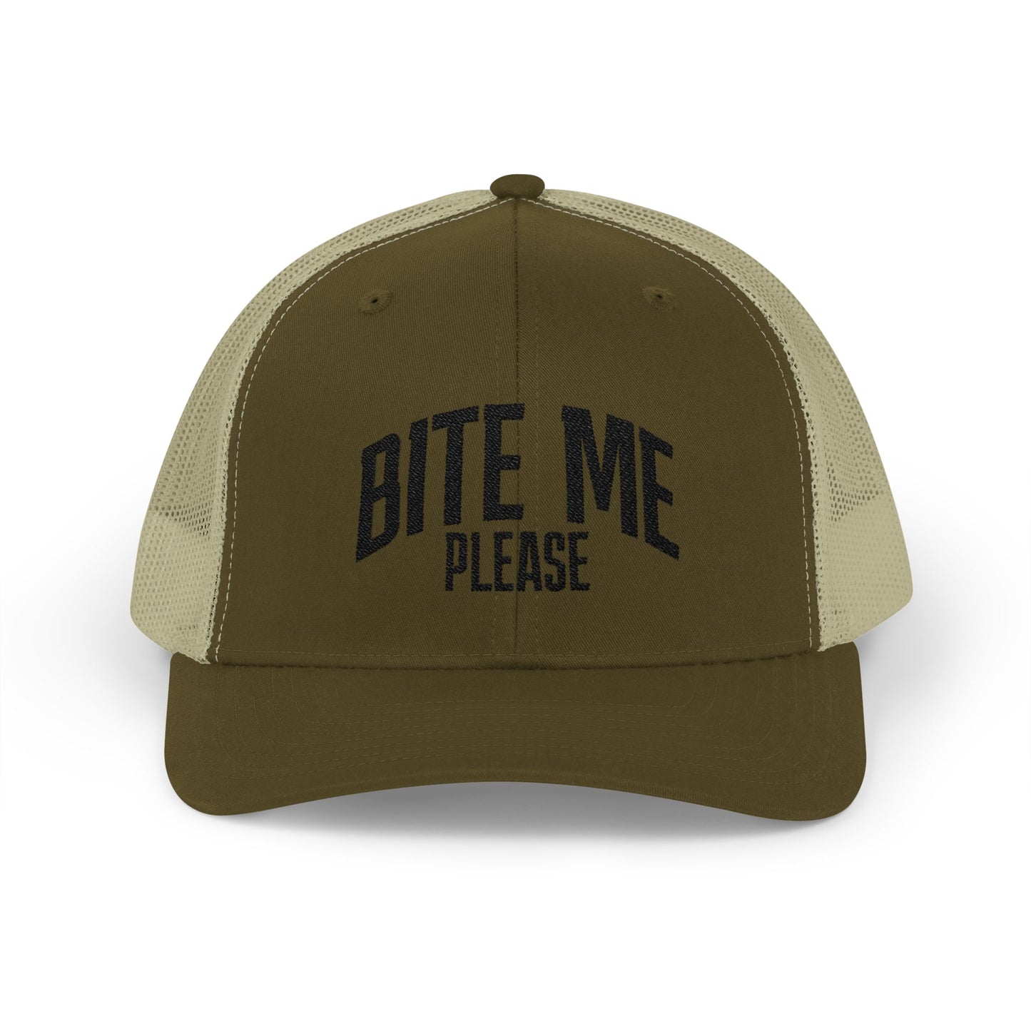 Bite Me Please Snapback Cap | Trucker Mesh Hat | Embroidered Slogan