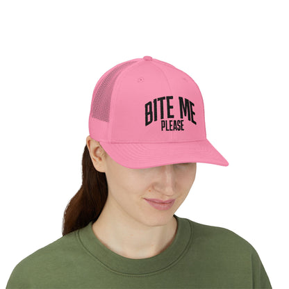 Bite Me Please Snapback Cap | Trucker Mesh Hat | Embroidered Slogan
