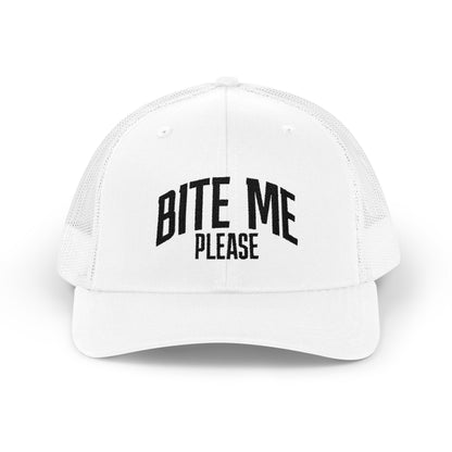 Bite Me Please Snapback Cap | Trucker Mesh Hat | Embroidered Slogan