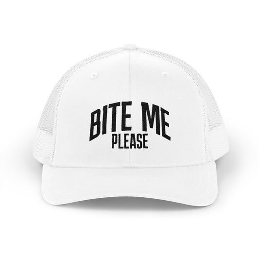 Bite Me Please Snapback Cap | Trucker Mesh Hat | Embroidered Slogan