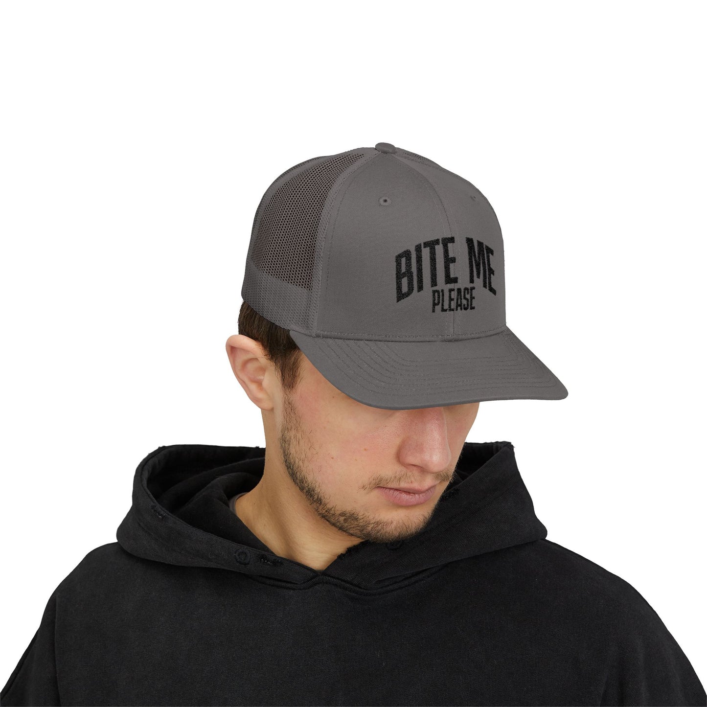 Bite Me Please Snapback Cap | Trucker Mesh Hat | Embroidered Slogan