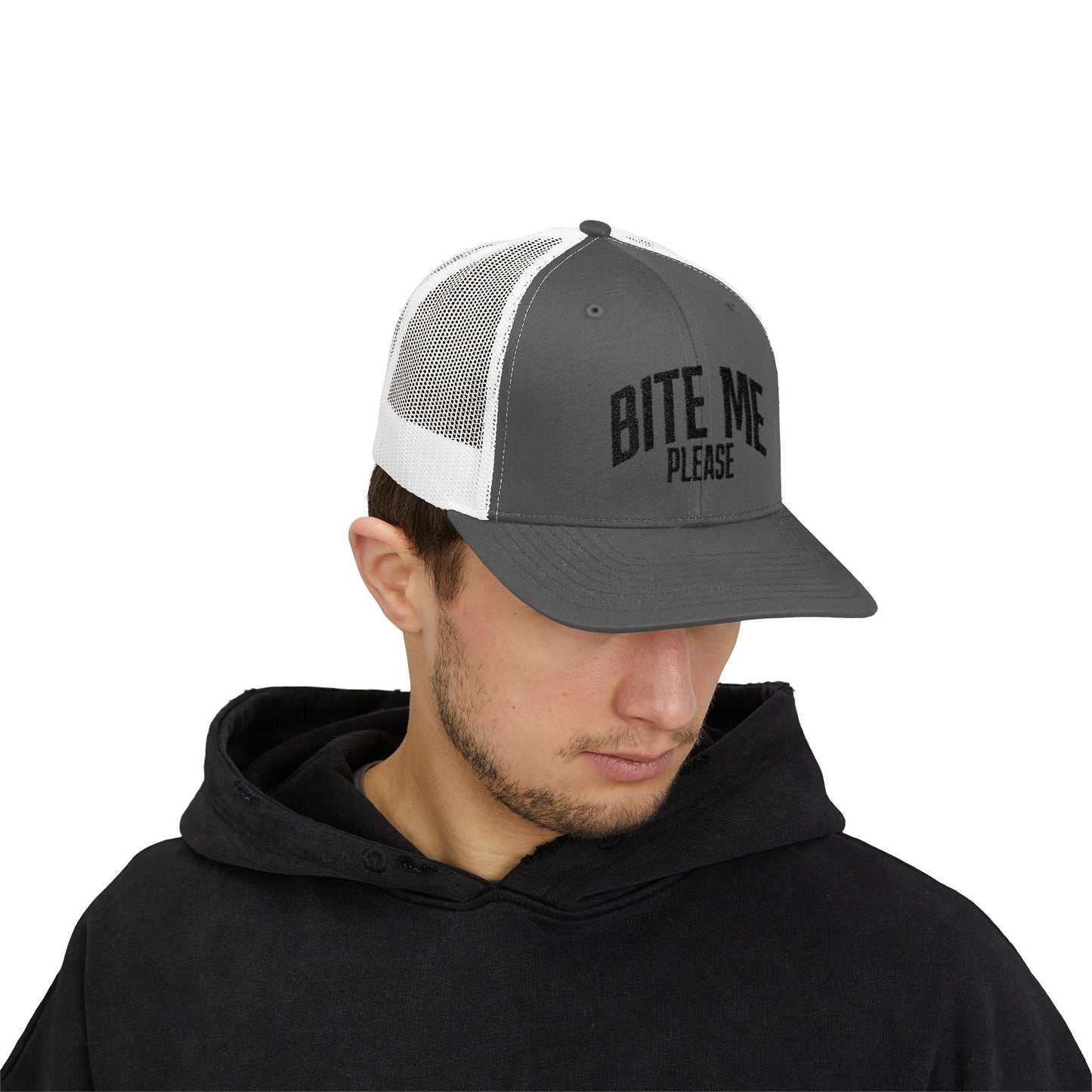 Bite Me Please Snapback Cap | Trucker Mesh Hat | Embroidered Slogan