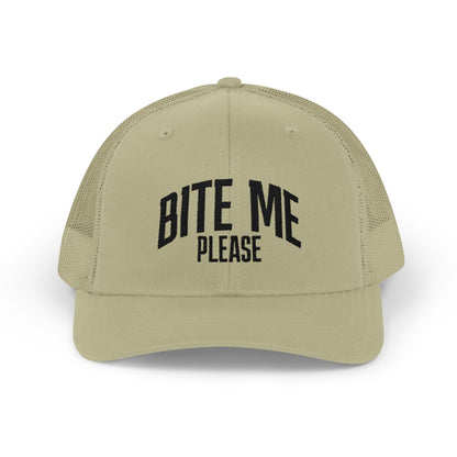 Bite Me Please Snapback Cap | Trucker Mesh Hat | Embroidered Slogan