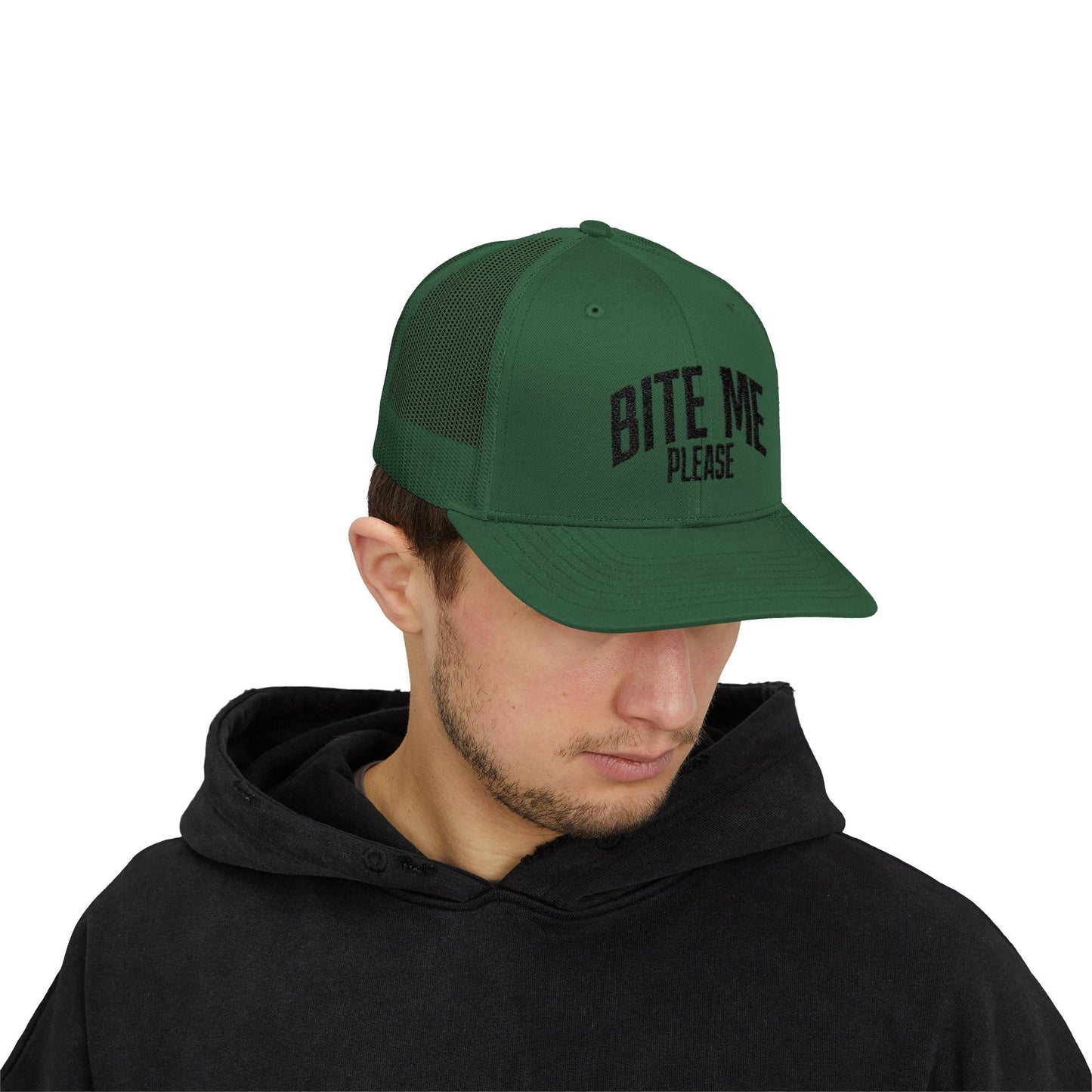 Bite Me Please Snapback Cap | Trucker Mesh Hat | Embroidered Slogan