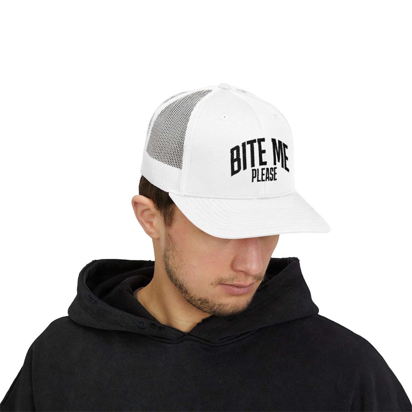Bite Me Please Snapback Cap | Trucker Mesh Hat | Embroidered Slogan