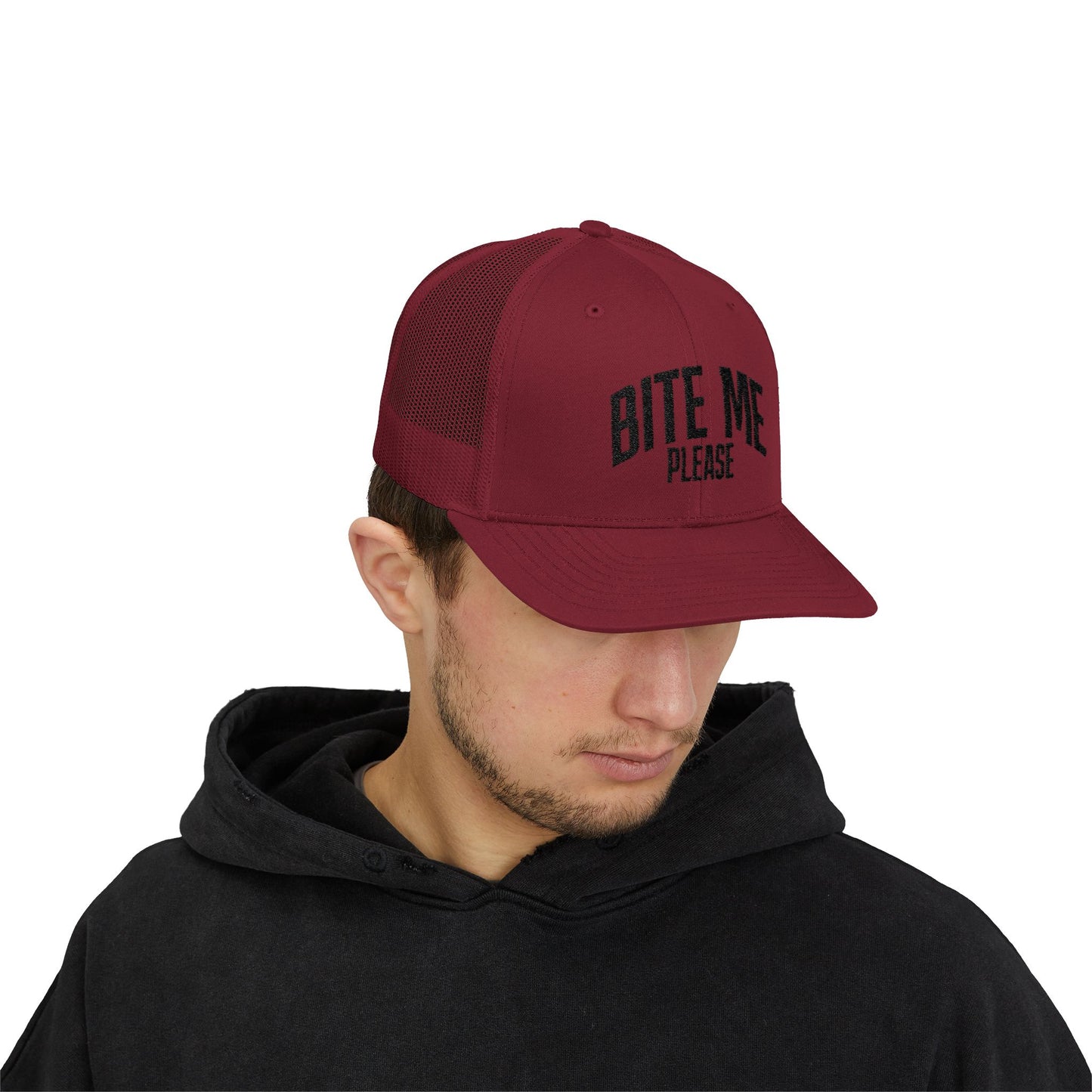 Bite Me Please Snapback Cap | Trucker Mesh Hat | Embroidered Slogan