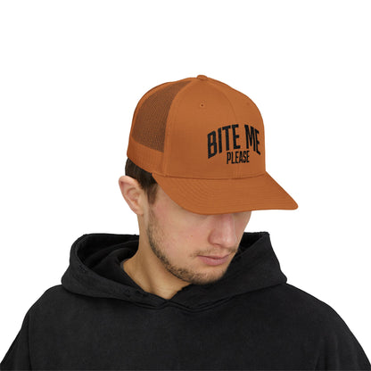Bite Me Please Snapback Cap | Trucker Mesh Hat | Embroidered Slogan