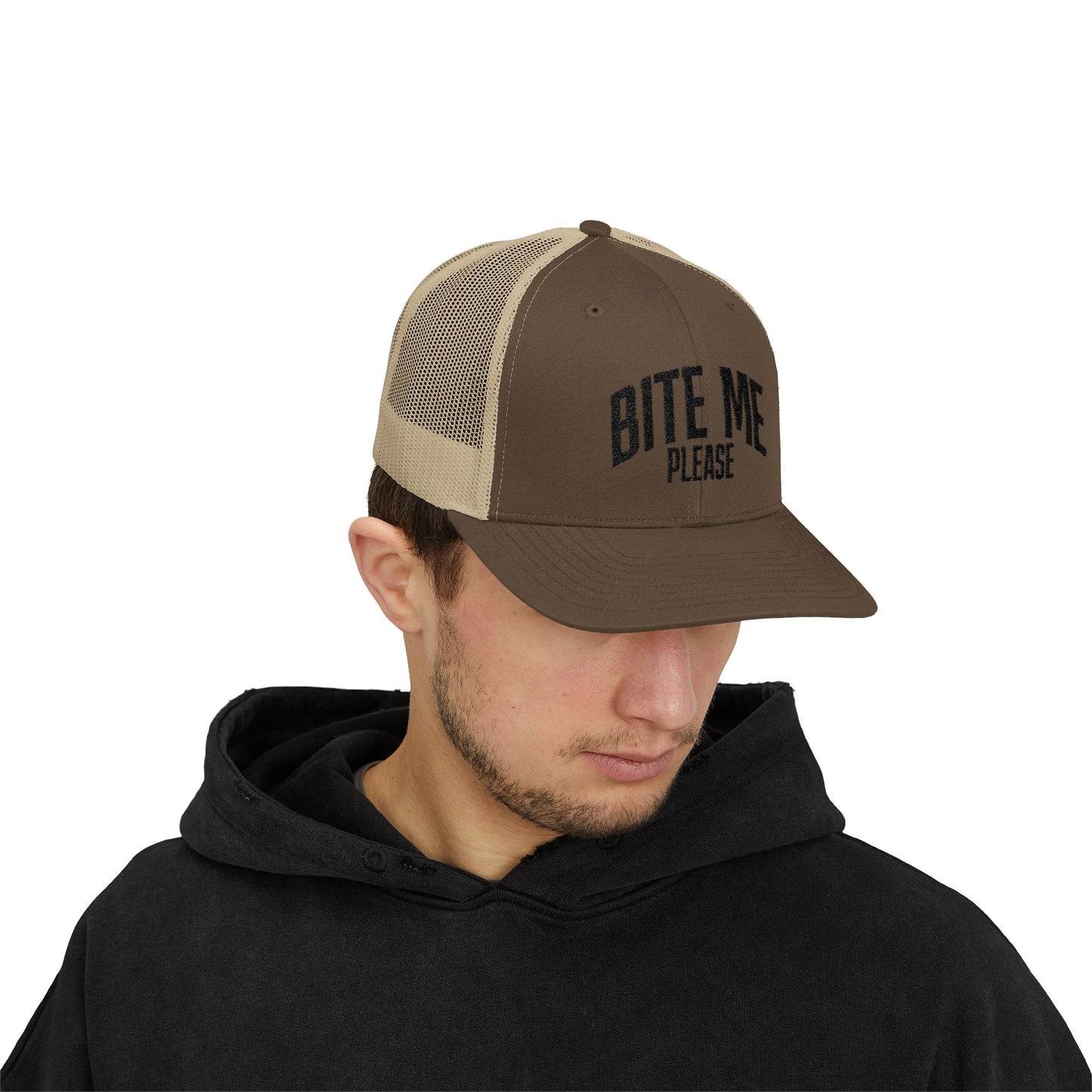 Bite Me Please Snapback Cap | Trucker Mesh Hat | Embroidered Slogan