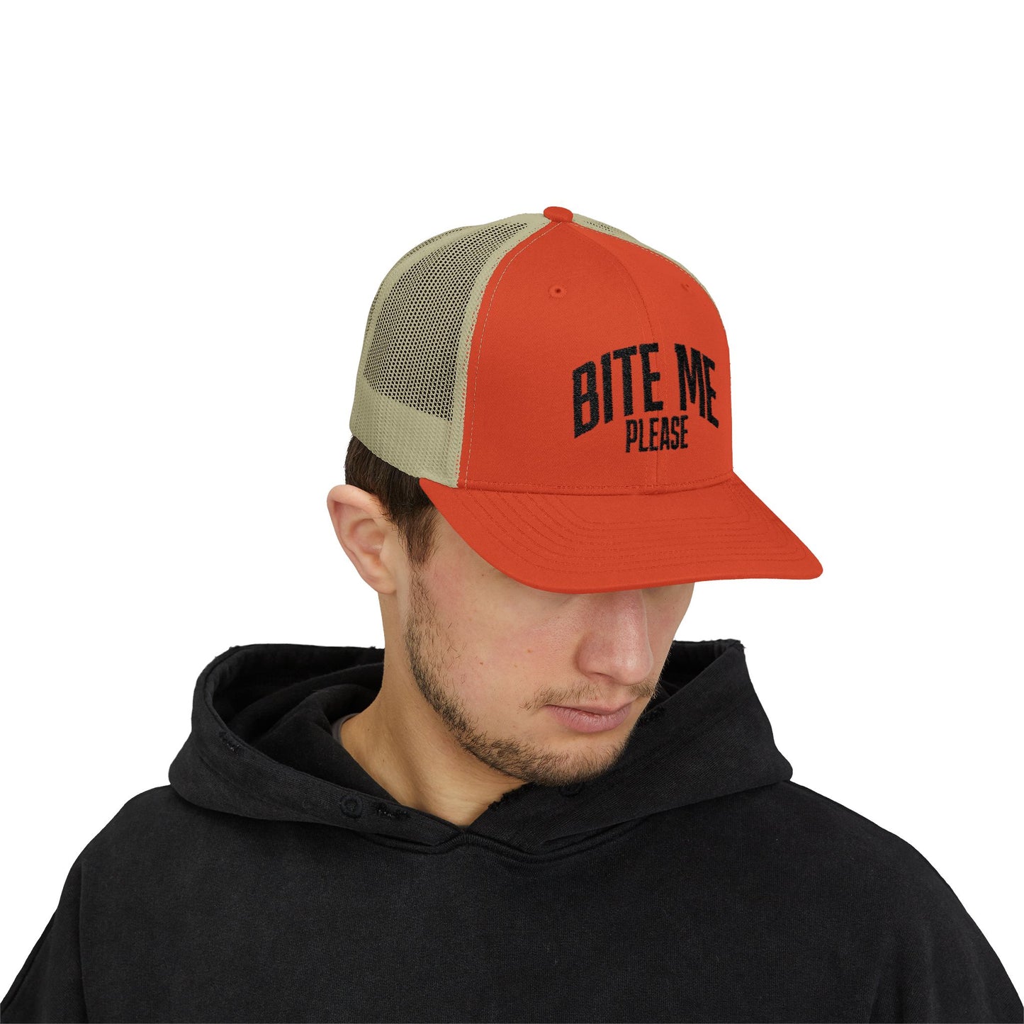 Bite Me Please Snapback Cap | Trucker Mesh Hat | Embroidered Slogan