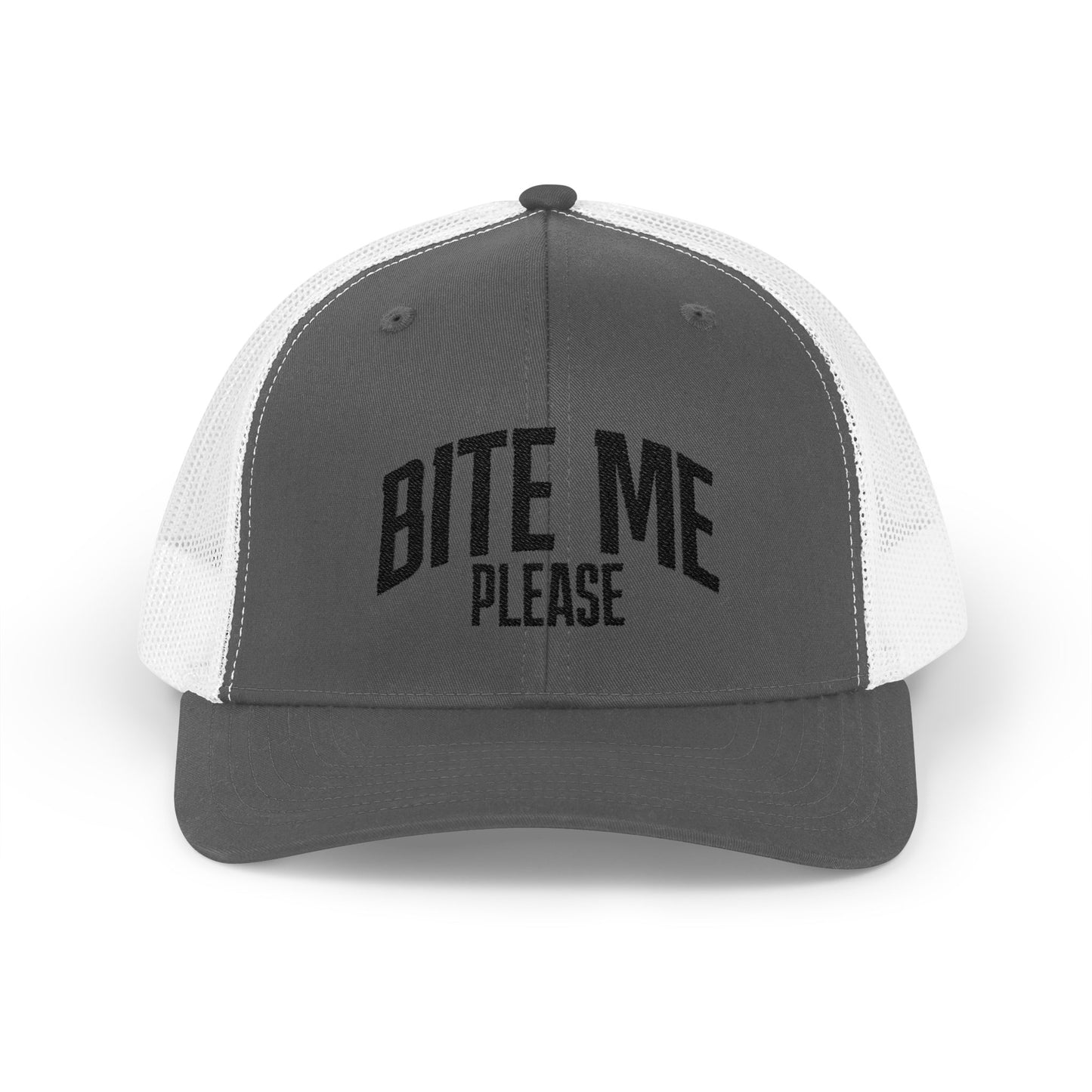Bite Me Please Snapback Cap | Trucker Mesh Hat | Embroidered Slogan