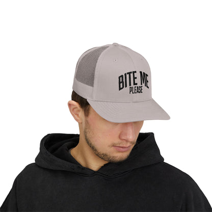 Bite Me Please Snapback Cap | Trucker Mesh Hat | Embroidered Slogan