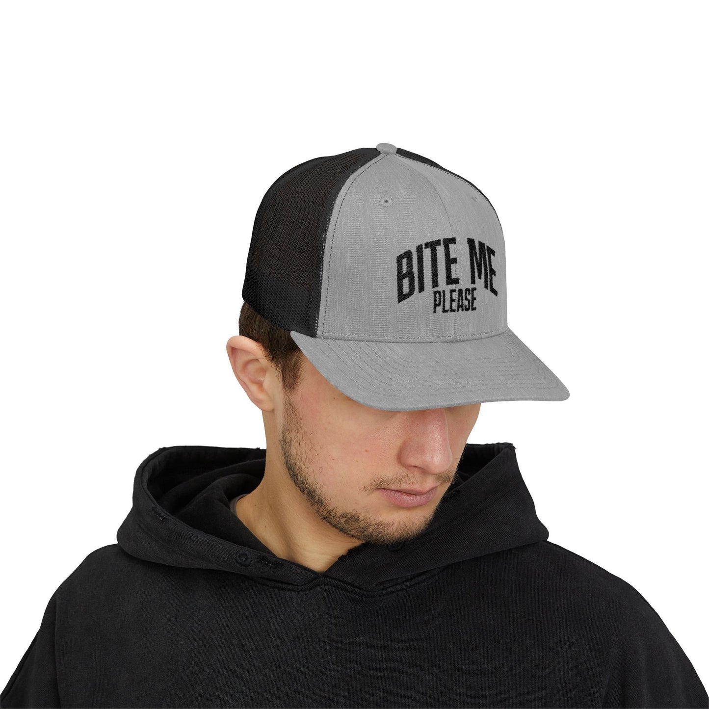 Bite Me Please Snapback Cap | Trucker Mesh Hat | Embroidered Slogan