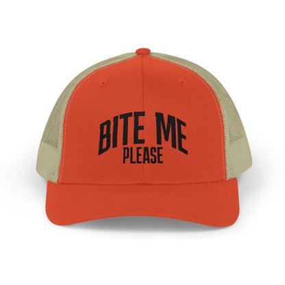 Bite Me Please Snapback Cap | Trucker Mesh Hat | Embroidered Slogan